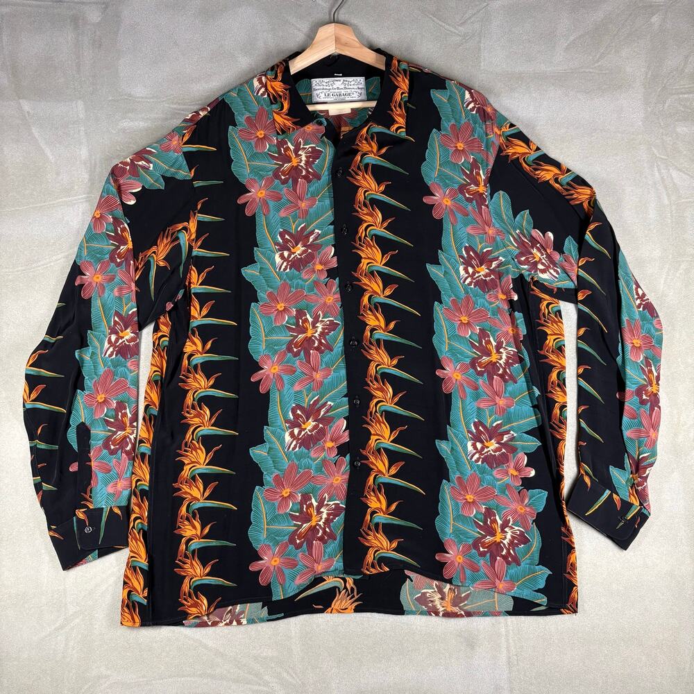 Le‎ Garage Tropical Floral Hawaiian Camp Shirt Mens XL Black Button Up Paris